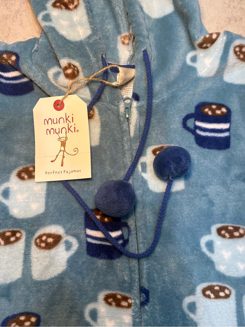 Munki Munki Ladies Plush Hooded One Piece Onesie Pajamas Blue Coffee Cup NWT - Picture 3 of 11